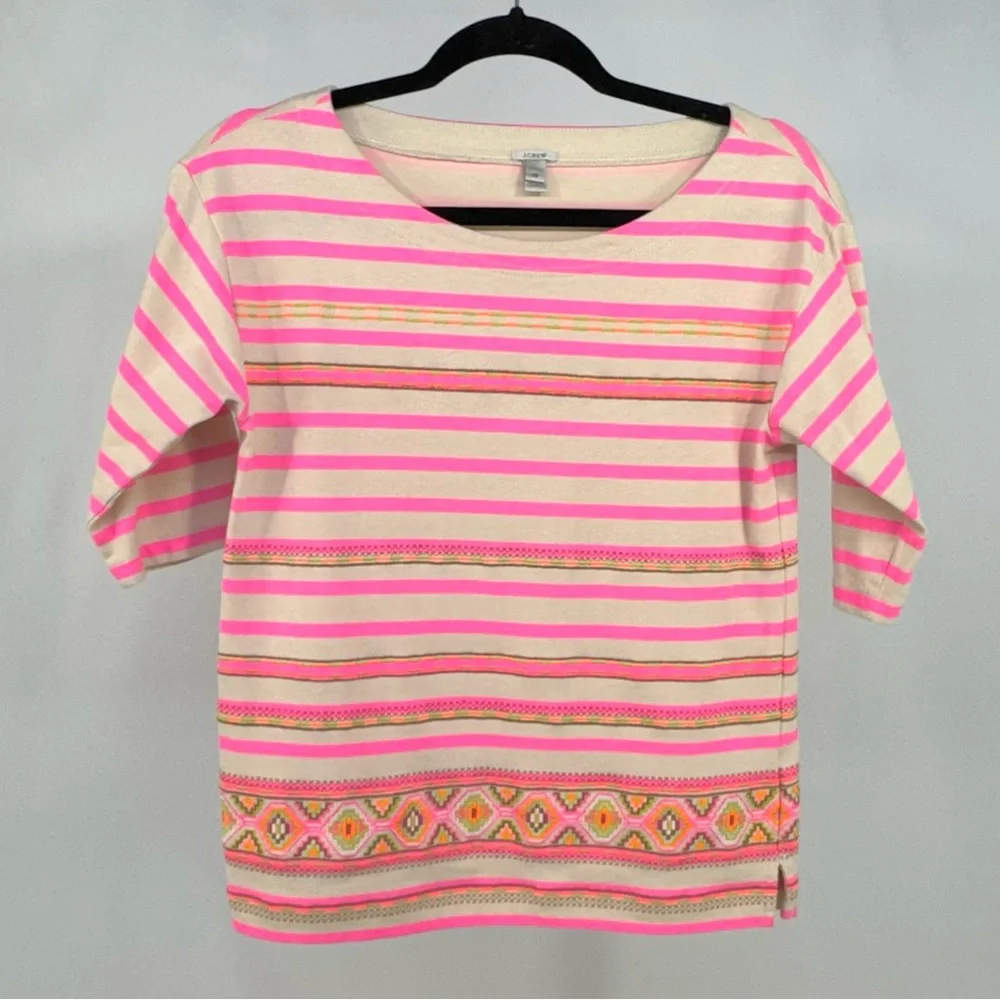 J. Crew XS neon pink stripe bohemian embroidered accent 3/4 sleeve top - Picture 1 of 13